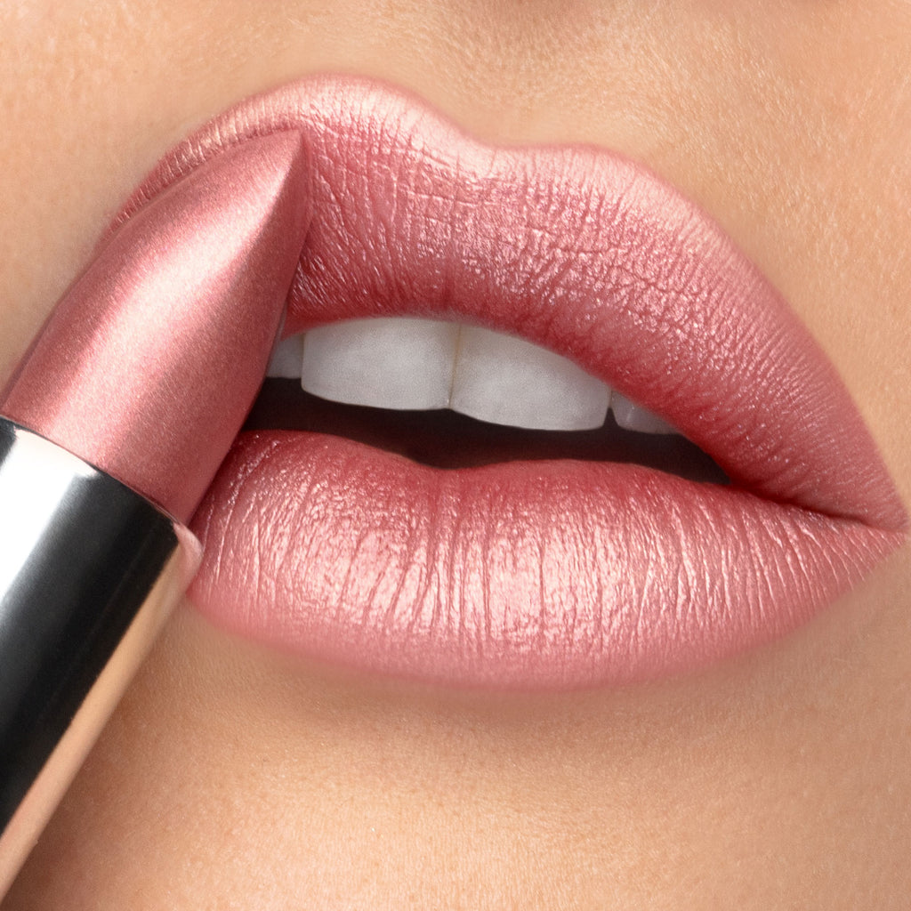 Lip Image of Runway Rogue Satin Shimmer Lipstick in Lavish Creme 