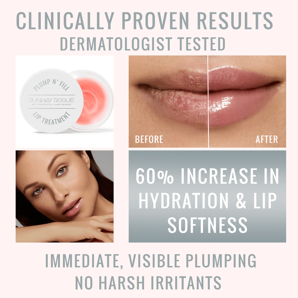 Before and after image showing visibly plumper, softer lips after using Runway Rogue Plump N’ Fill Lip Treatment.