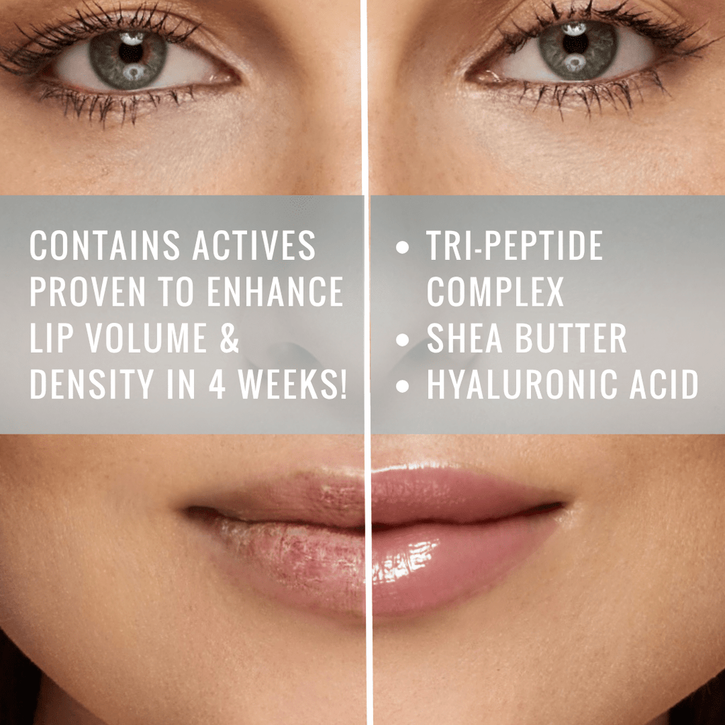 Before and after image showing smoother, fuller lips after using Runway Rogue Plump N’ Fill Lip plumping Treatment with tri-peptide complex, shea butter, and hyaluronic acid