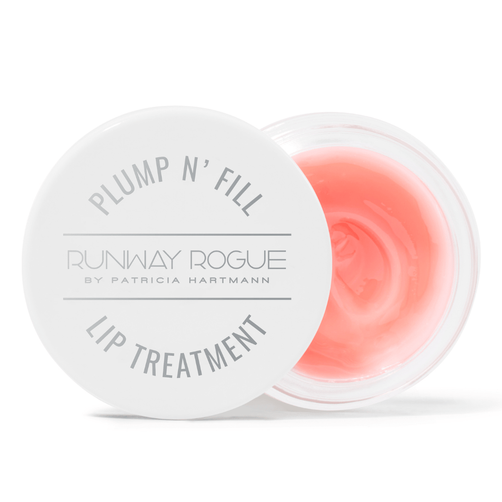 Runway Rogue Plump N’ Fill Lip Treatment in jar, creamy pink formula designed to plump, hydrate, and soften lips.