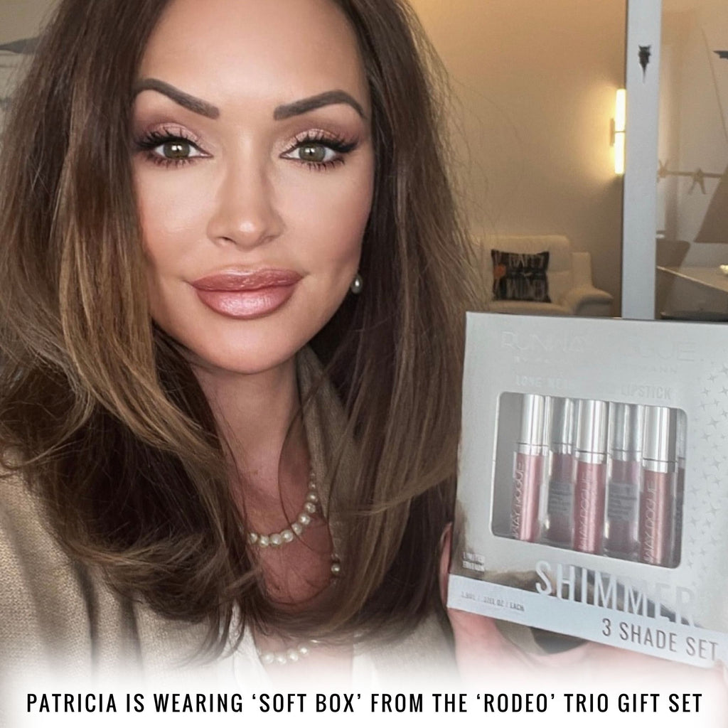 Patricia Hartmann wearing Soft Box liquid lipstick holding the Rodeo Trio gift set