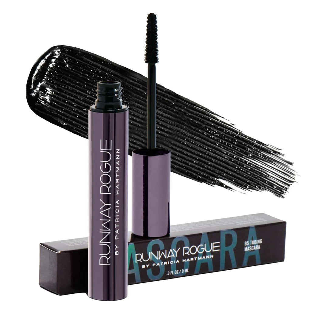 Runway Rogue B5 Tubing Mascara with wand, packaging and glossy 
black mascara swatch