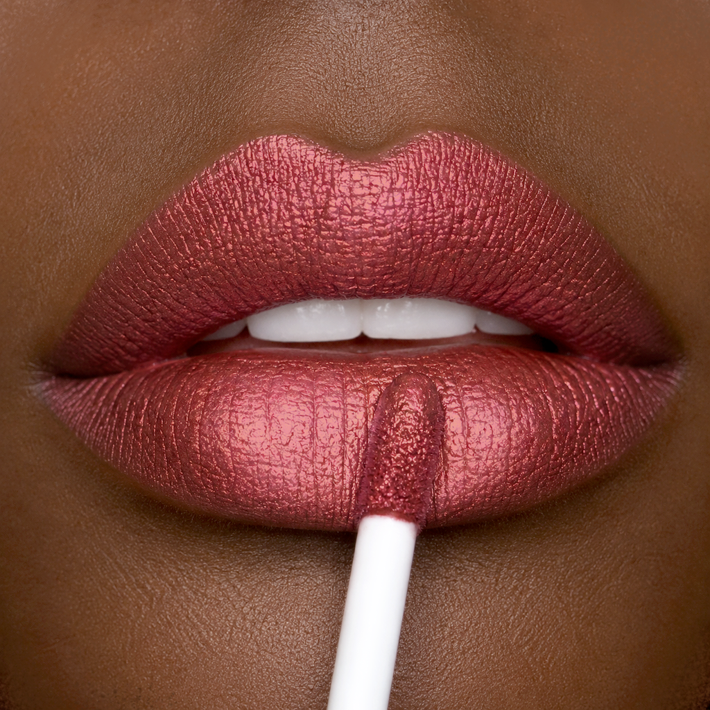 Runway Rogue Pearl Glam Long Wear Shimmer Liquid Lipstick, Metallic Soft Earthy-Red Lipstick With Gold Shimmer, Day Rate