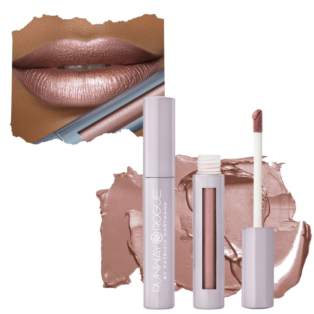 lip and product image of Runway Rogue Pearl Glam Long Wear Liquid Lipstick in 'Soft Light'
