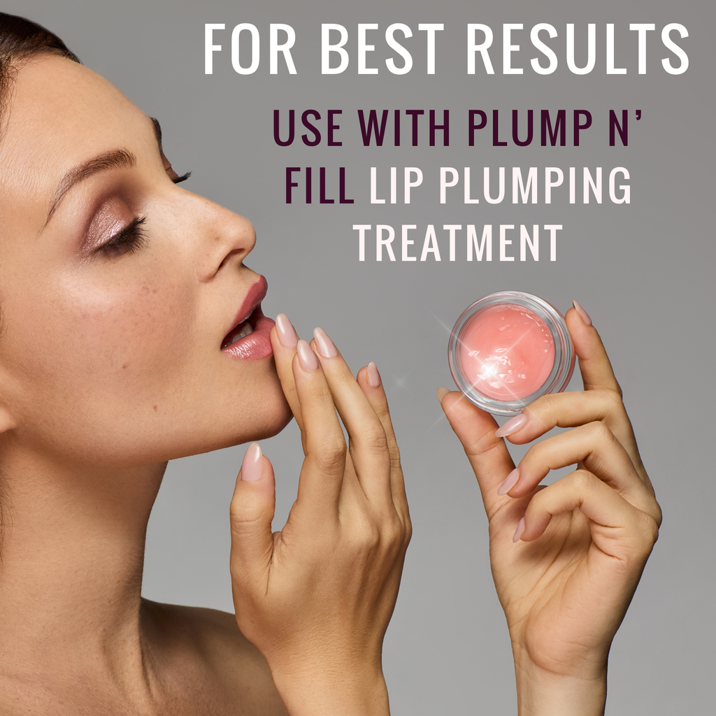 model showcasing using Runway Rogue Plump N' Fill lip plumping treatment after exfoliating lips with the Plump N' Fill lip Polish