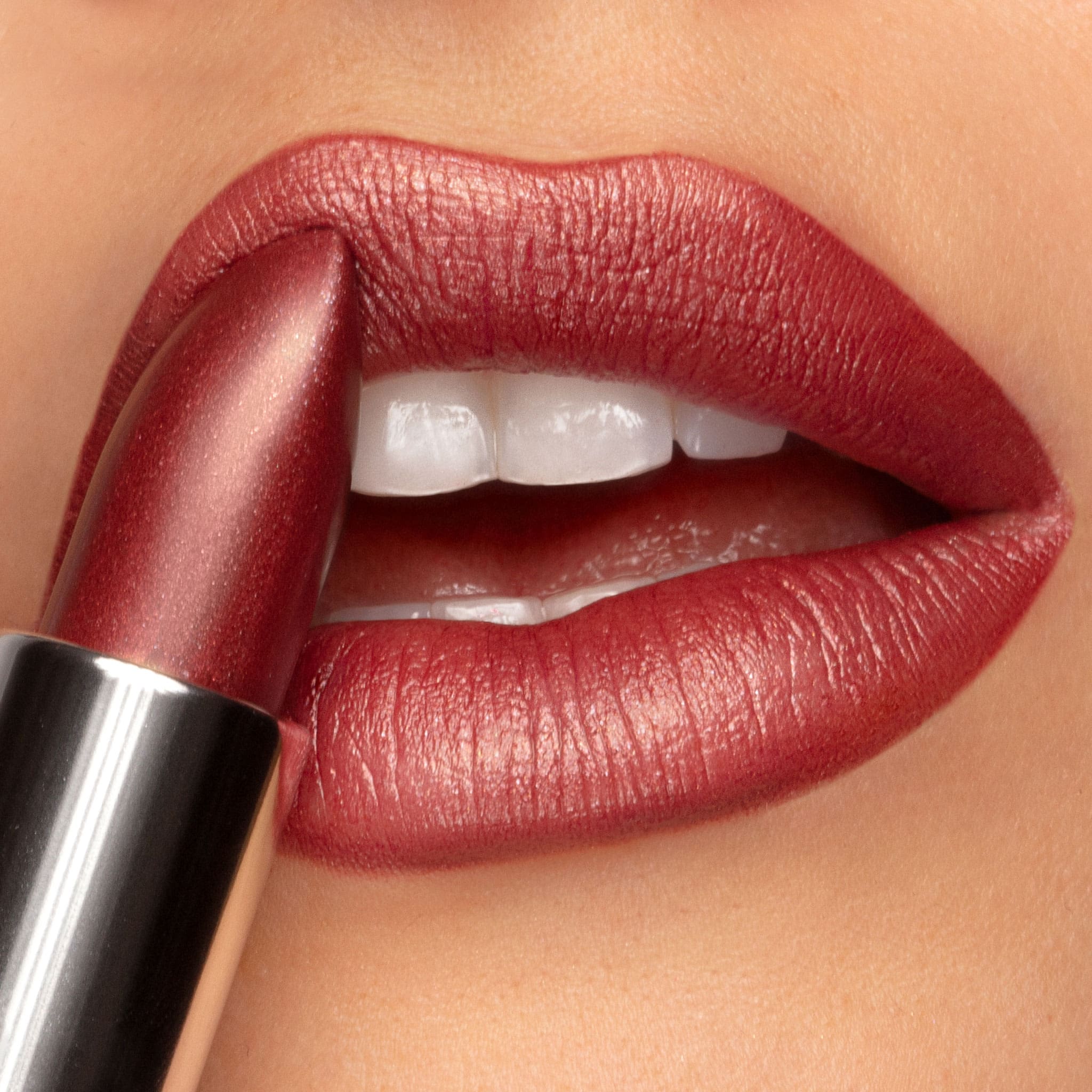 Ritzy Crème | A Warm Earthy Red with Gold Shimmer Lipstick – Runway Rogue