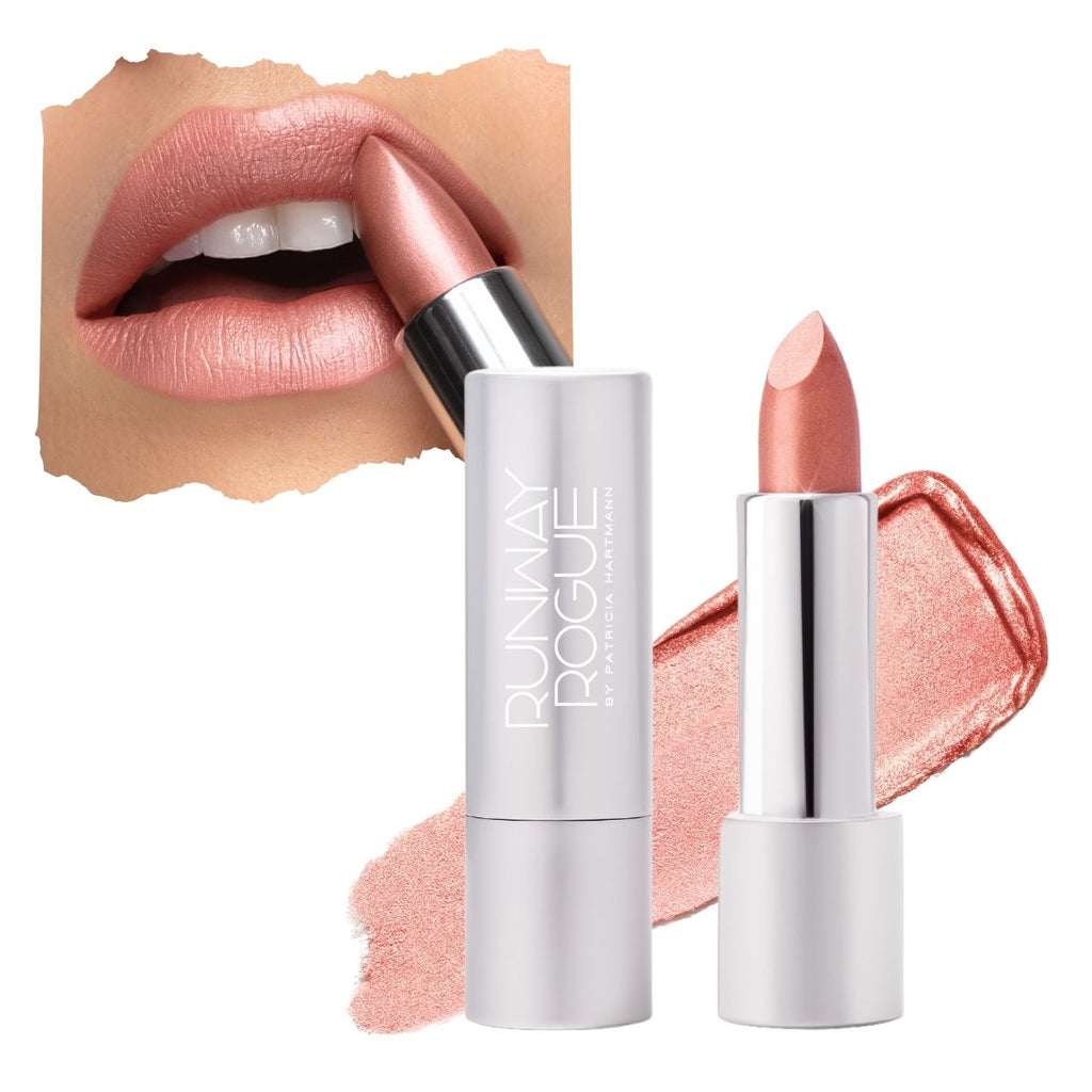 lip and product image of Runway Rogue Satin Shimmer lipstick in 'Glamour Creme'
