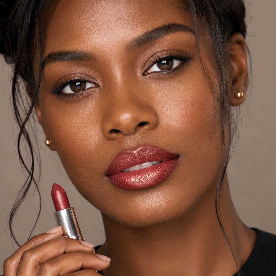 Ritzy Crème | A Warm Earthy Red with Gold Shimmer Lipstick