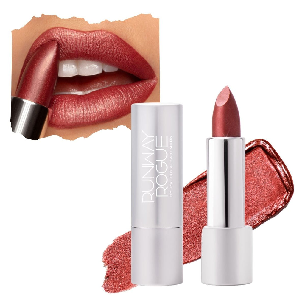 Ritzy Crème | A Warm Earthy Red with Gold Shimmer Lipstick – Runway Rogue