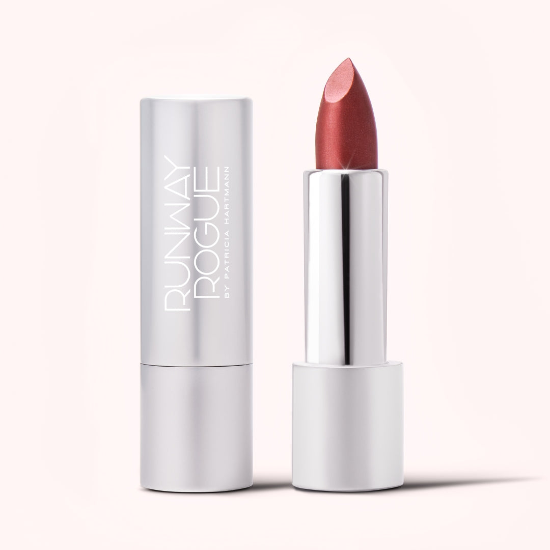 Ritzy Crème | A Warm Earthy Red with Gold Shimmer Lipstick – Runway Rogue