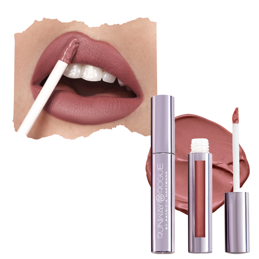 Lip and product image of Velvet Glam long wear liquid lipstick in the shade 90s Nude