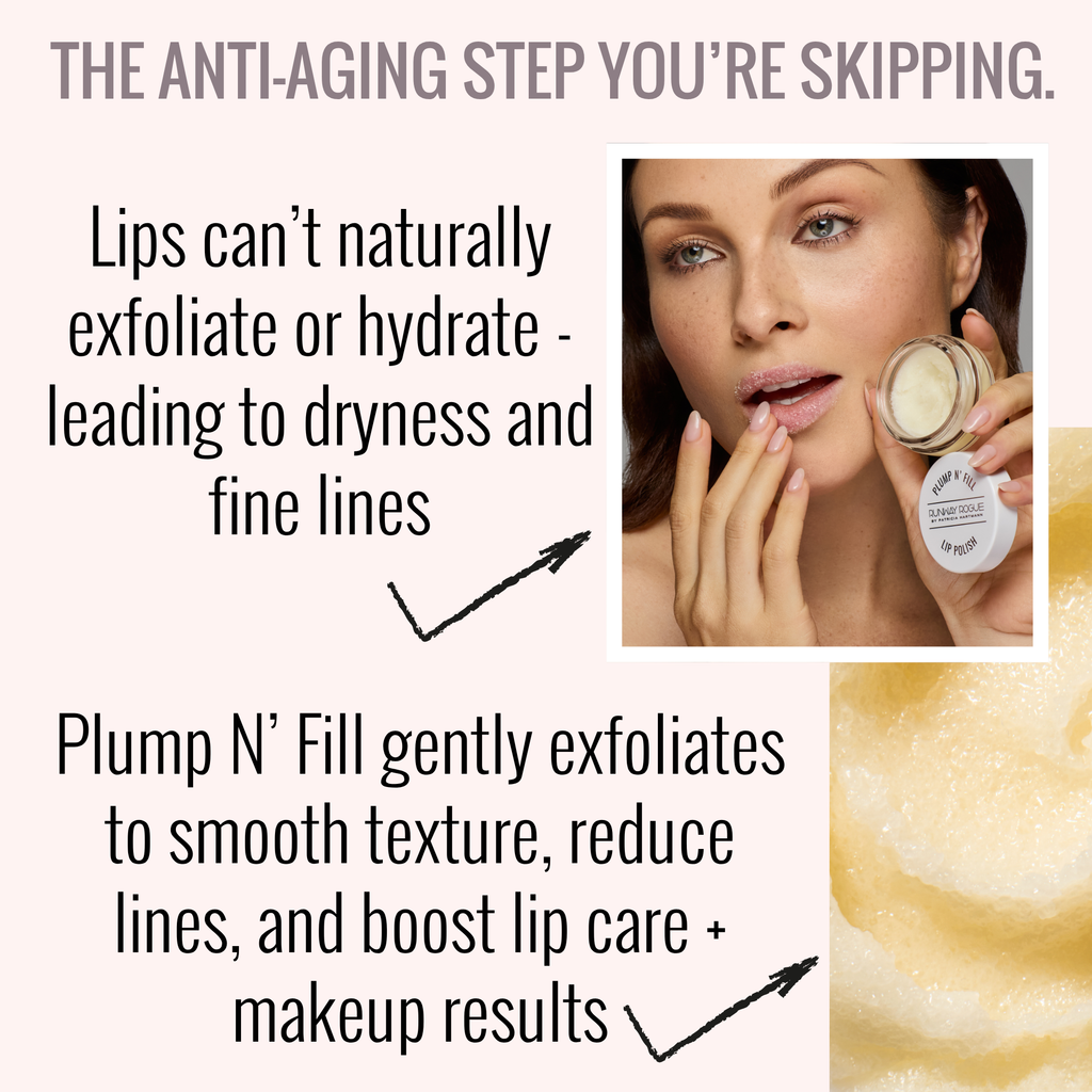 Graphic explaining the benefits of Runway Rogue Plump N Fill Lip Polish 
