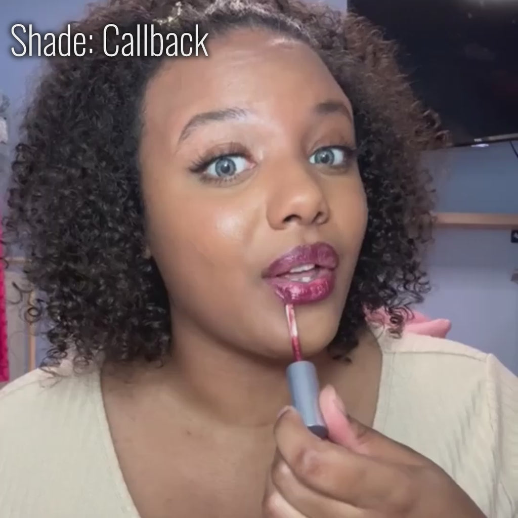 demonstration video of Runway Rogue Pearl Glam Long Wear Liquid Lipstick in Callback - a berry-bronze shimmer shade applied smoothly with non-drying, all-day wear.