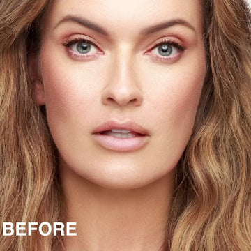 Before and after images of a model wearing Runway Rogue long wear liquid lipstick in Soft Box 
