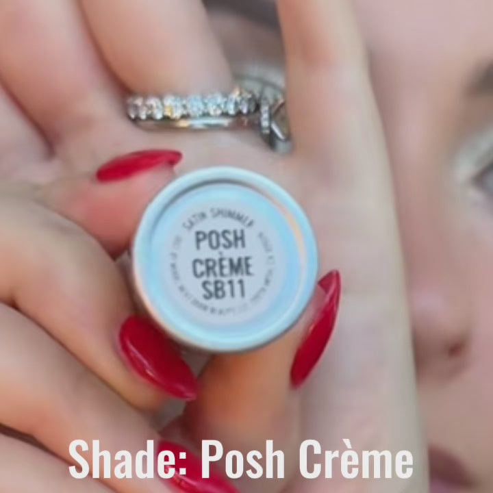 Application video of Satin Shimmer Crème Lipstick in 'Posh Creme' showing soft, glowing pale golden nude finish