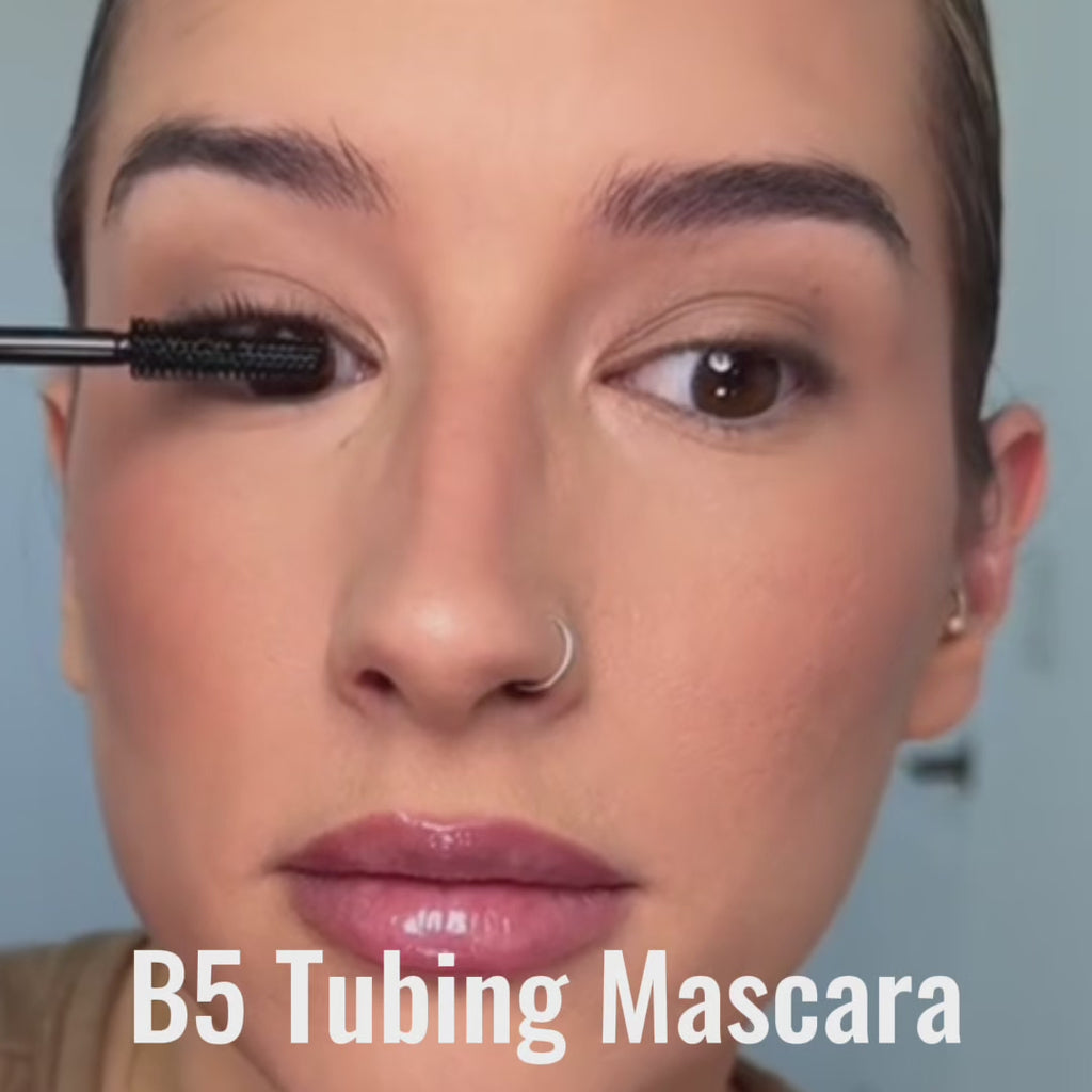 Close-up video of B5 Tubing Mascara applied to natural lashes, showcasing dramatic length and separation without clumping or smudging.