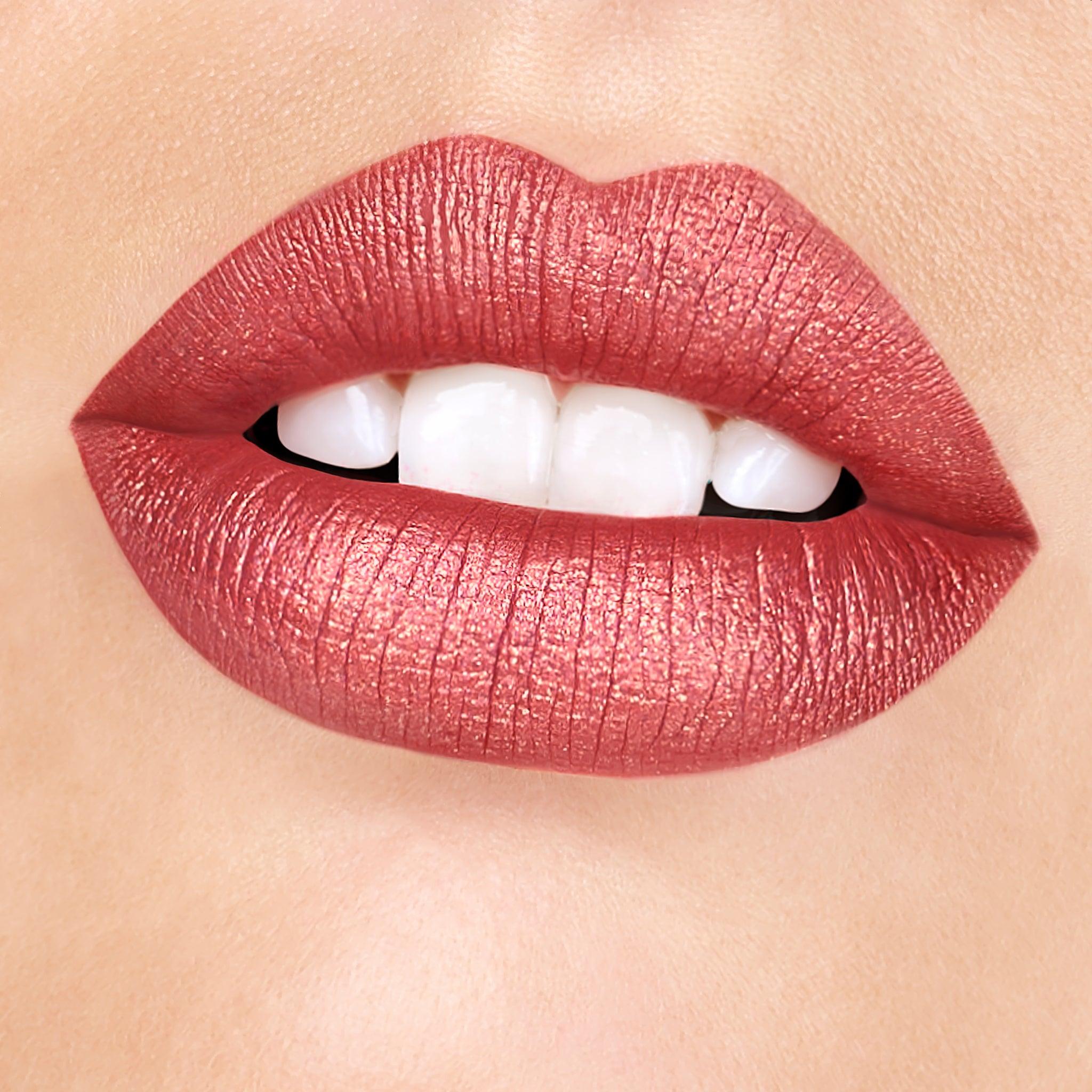 Runway Rogue Pearl Glam Long Wear Shimmer Liquid Lipstick, Metallic Soft Earthy-Red Lipstick with Gold Shimmer, Day Rate