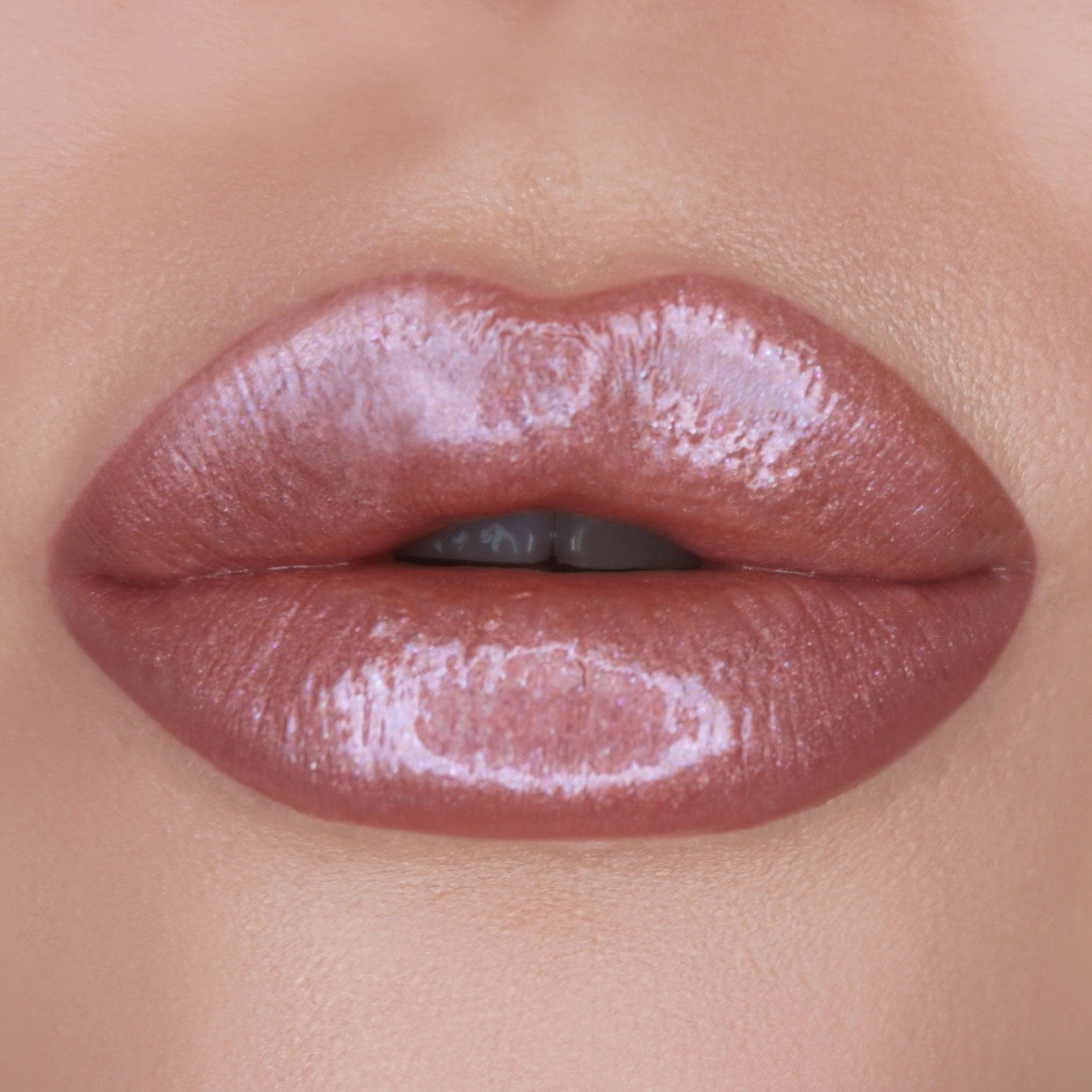 green emerald velvet dress Fashion Week | Shimmery Rose Gold Lip Gloss